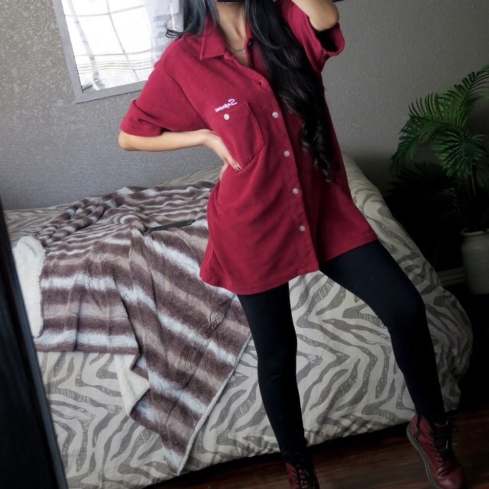 Supreme dark red terry button down top shirt